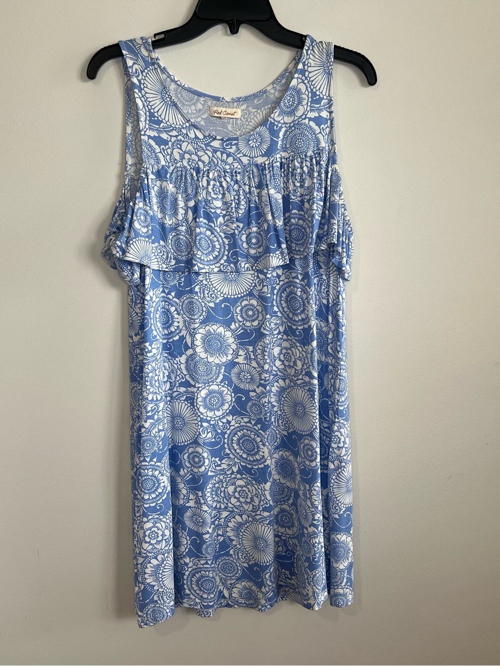 Red Camel Blue & White Floral Print Ruffle Cold Shoulder Dress